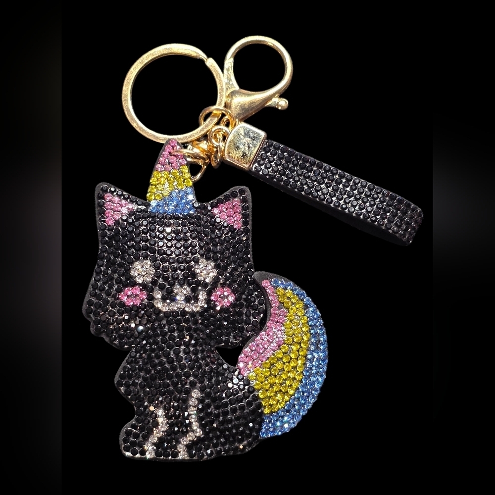 Black Cat Bag Charm Keychain with Gold Accents